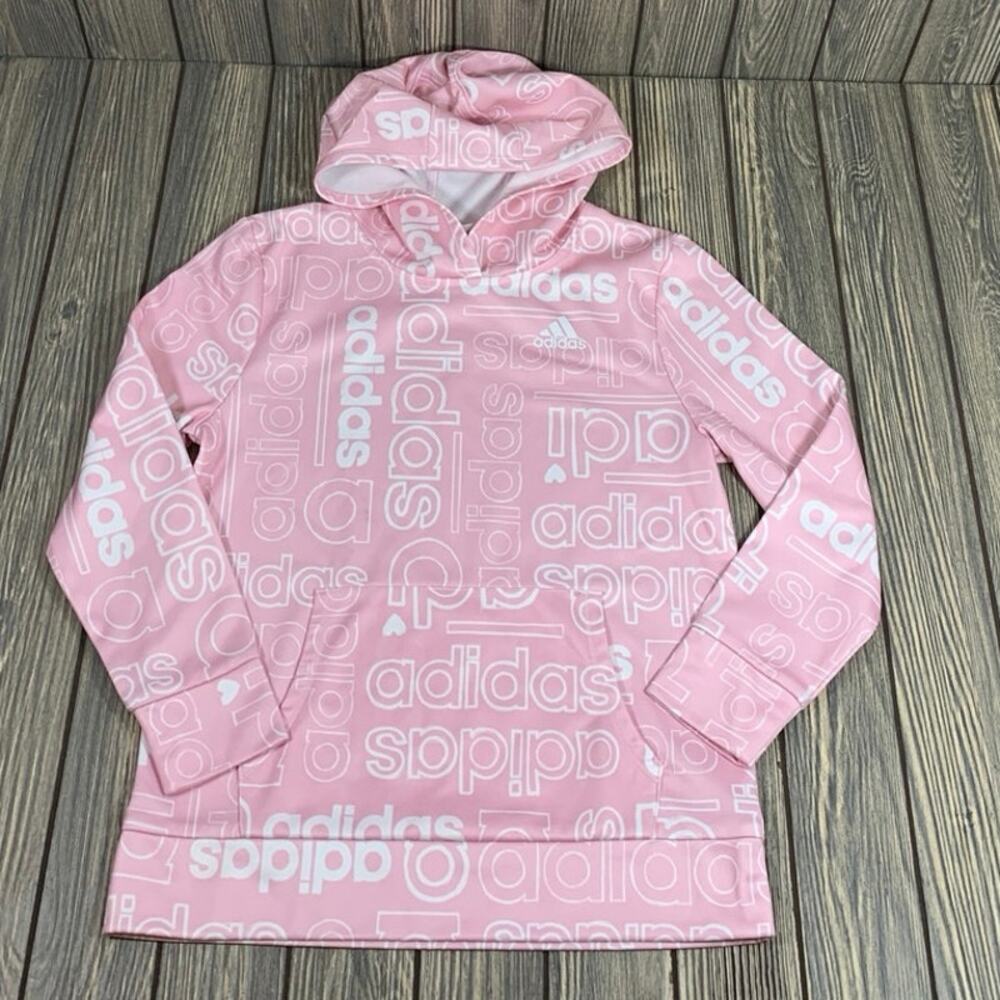 Adidas girls hoodie sweatshirt‎ pink logo all over print LG 14 youth lightweight